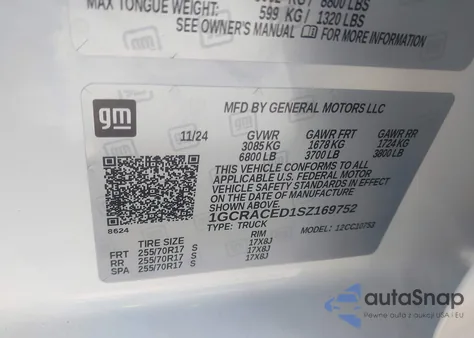 2025 Chevrolet Silverado 1500 2Wd Standard Bed Lt z USA, uszkodzony, nr VIN 1GCRACED1SZ169752